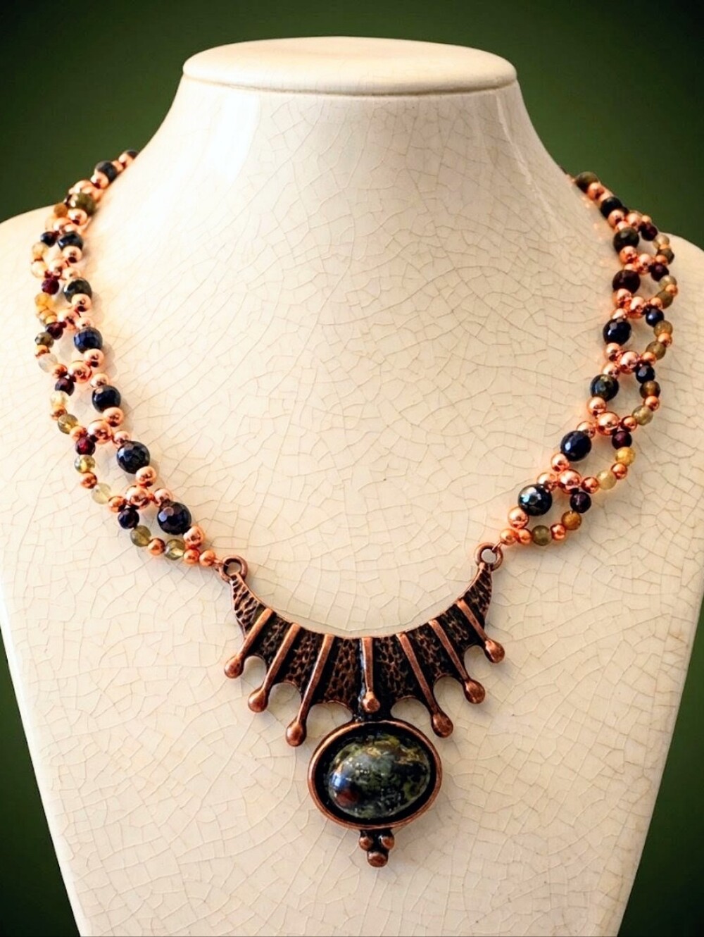 African Dragon Blood Jasper & Green Garnet In Earthy & Bold Copper Necklace